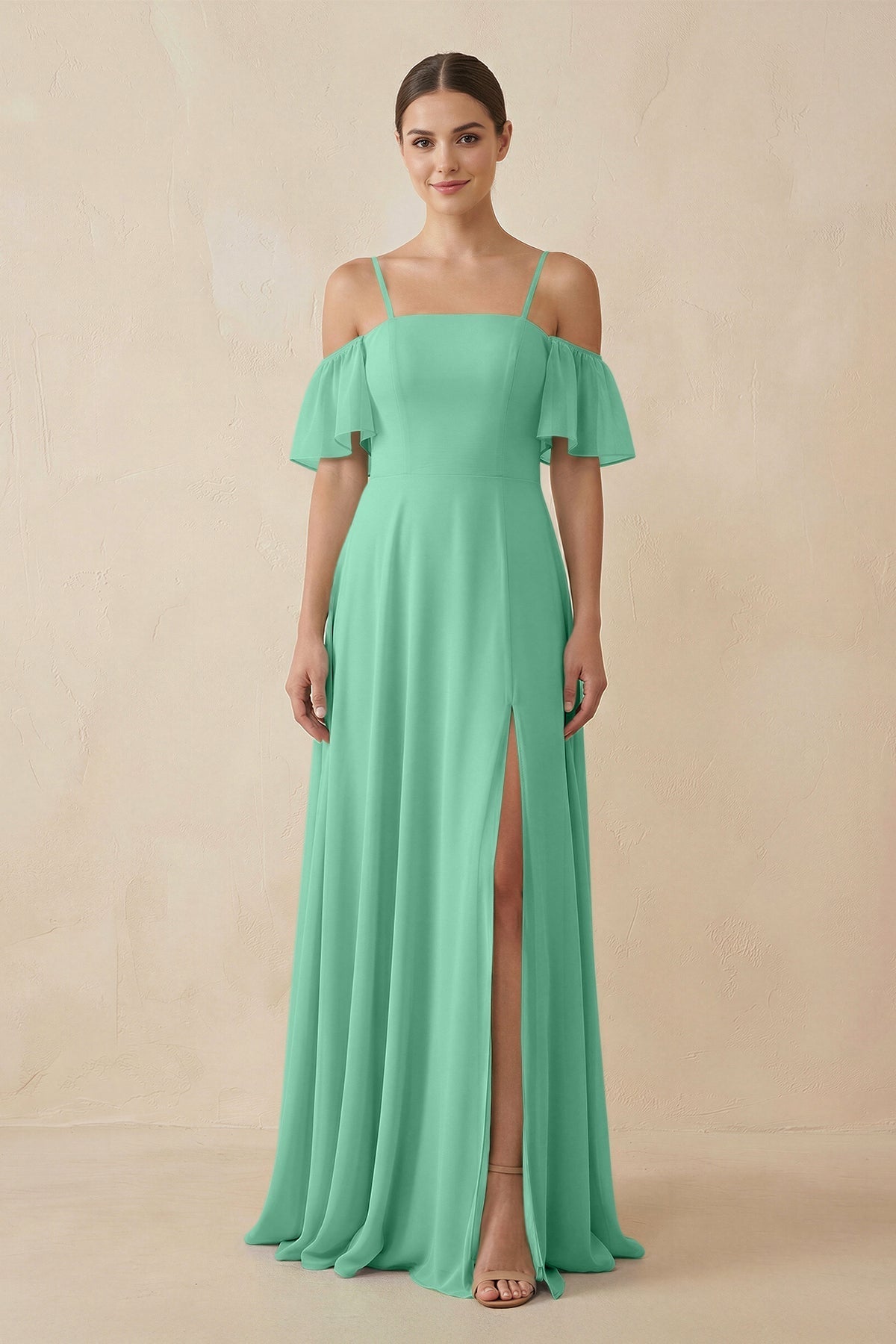 KissProm Off-the-Shoulder A-Line Chiffon Bridesmaid Dress in Turquoise, Turquoise / 24