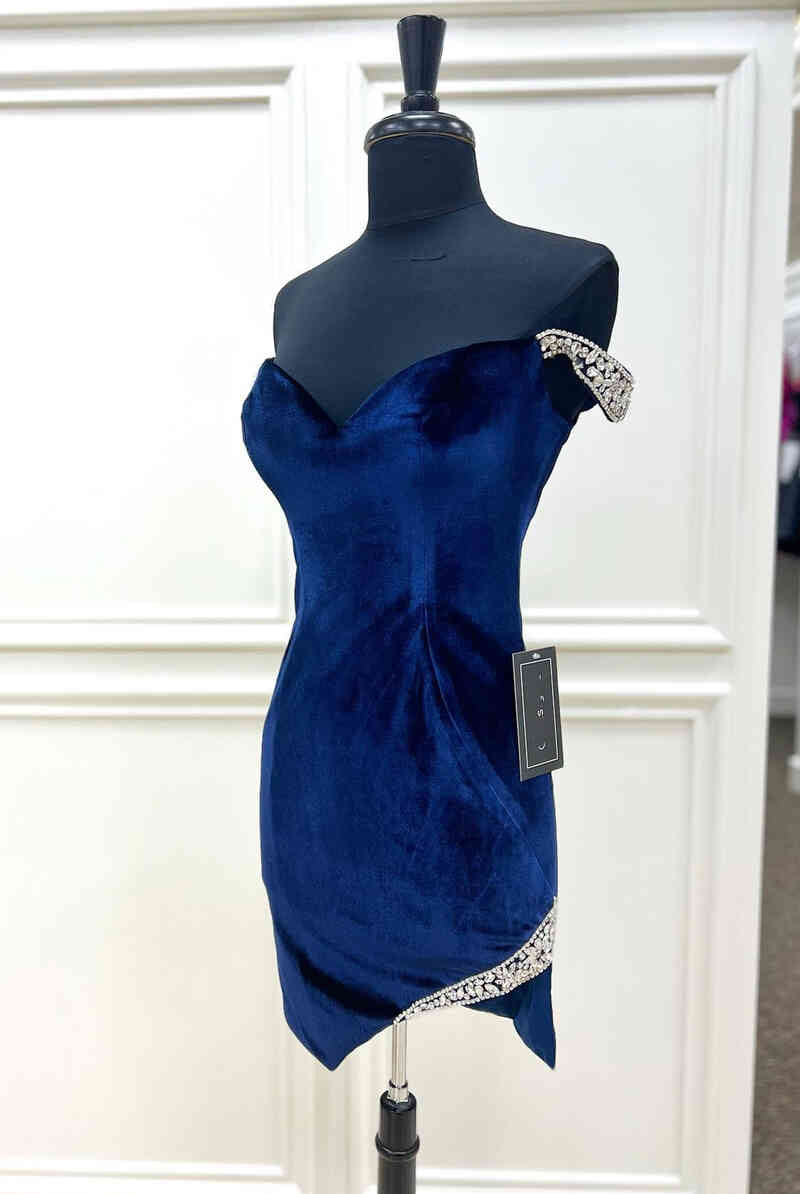 Off the shoulder Beaded Navy Velvet Tight Homecoming Dress