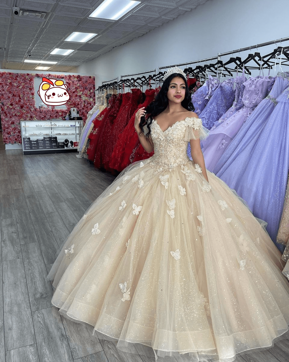 Off The Shoulder Butterfly Quinceanera Dress Glitter Ball Gown
