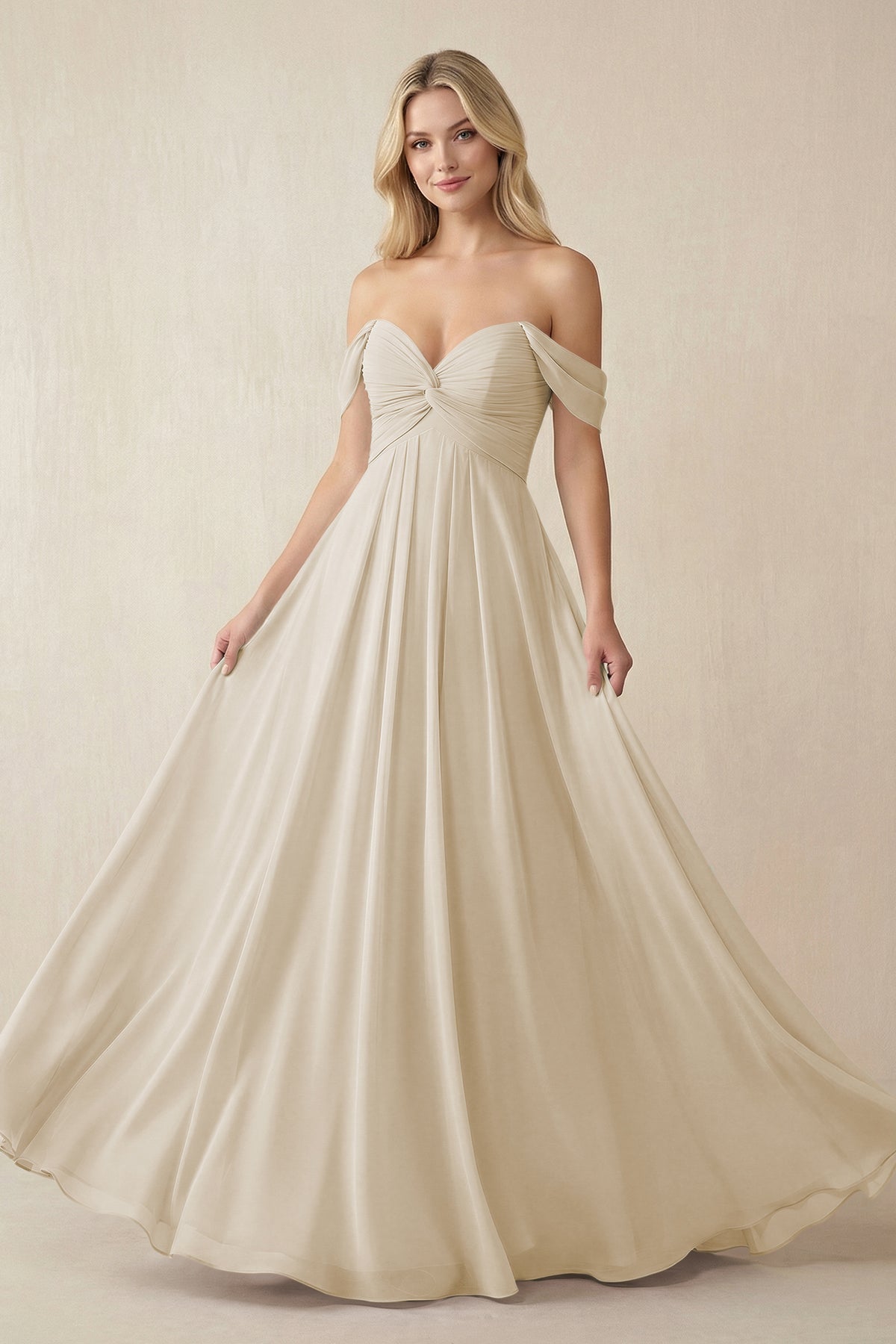 KissProm Off-the-Shoulder Chiffon A-Line Long Bridesmaid Dress in Champagne, Champagne / 18