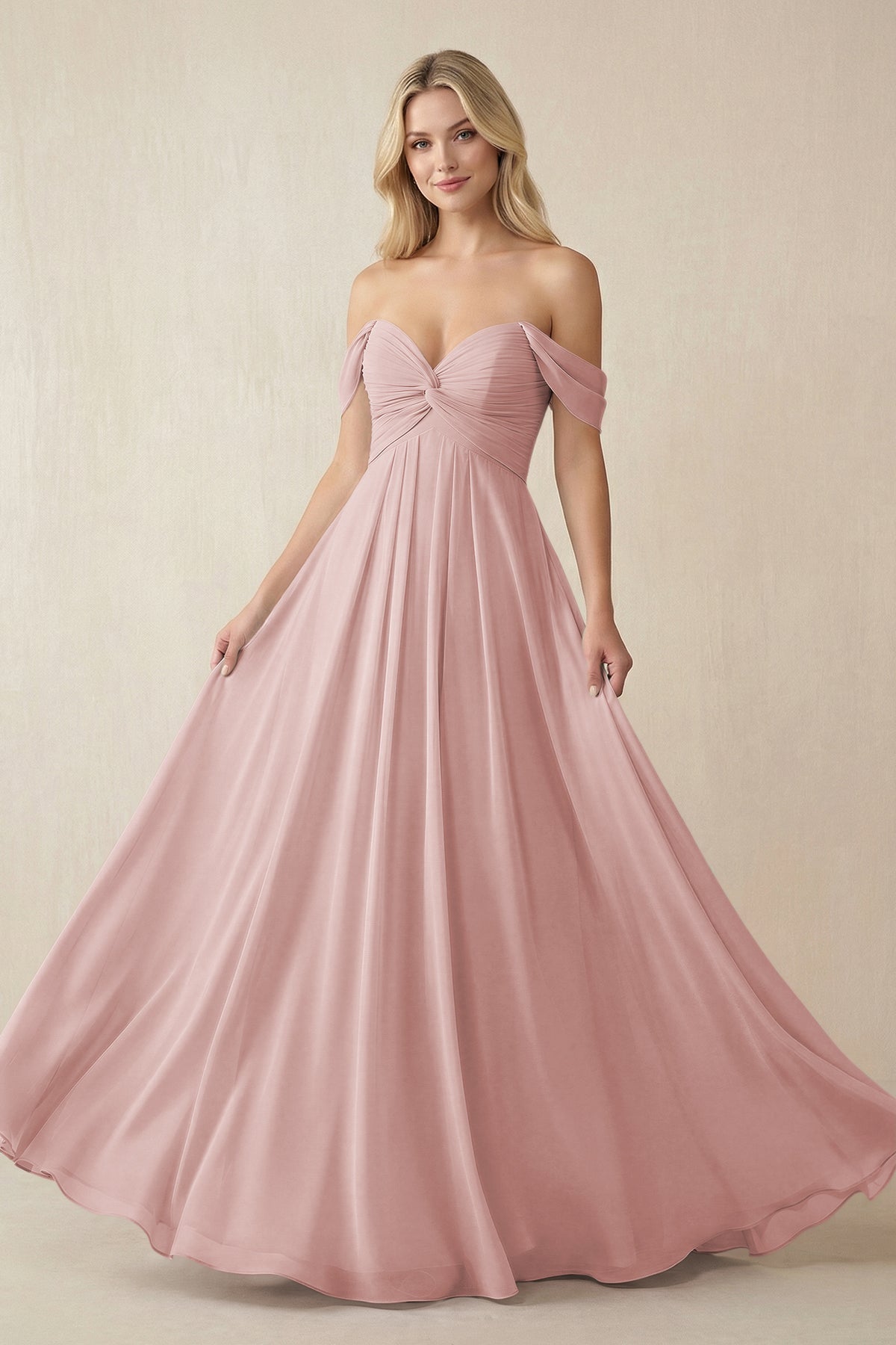 KissProm | Off-the-Shoulder Chiffon A-Line Long Bridesmaid Dress in Dusty  Rose