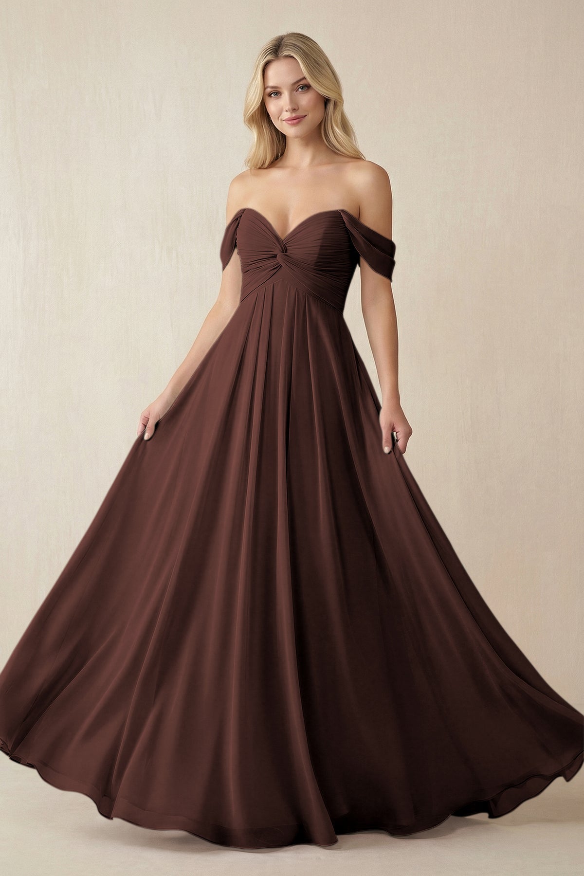 KissProm Off-the-Shoulder Chiffon A-Line Long Bridesmaid Dress in Espresso, Espresso / 2