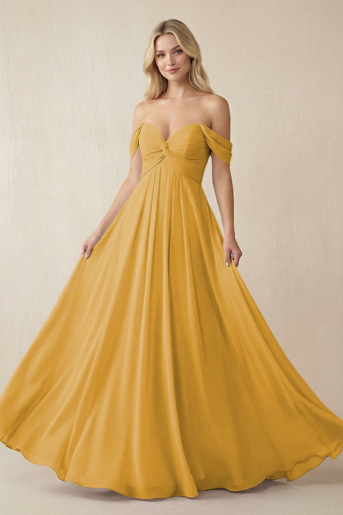 Off-the-Shoulder Chiffon A-Line Long Bridesmaid Dress in Marigold, Marigold / 14 Off-the-Shoulder Chiffon A-Line Long Bridesmaid Dress in Marigold, Marigold / 14