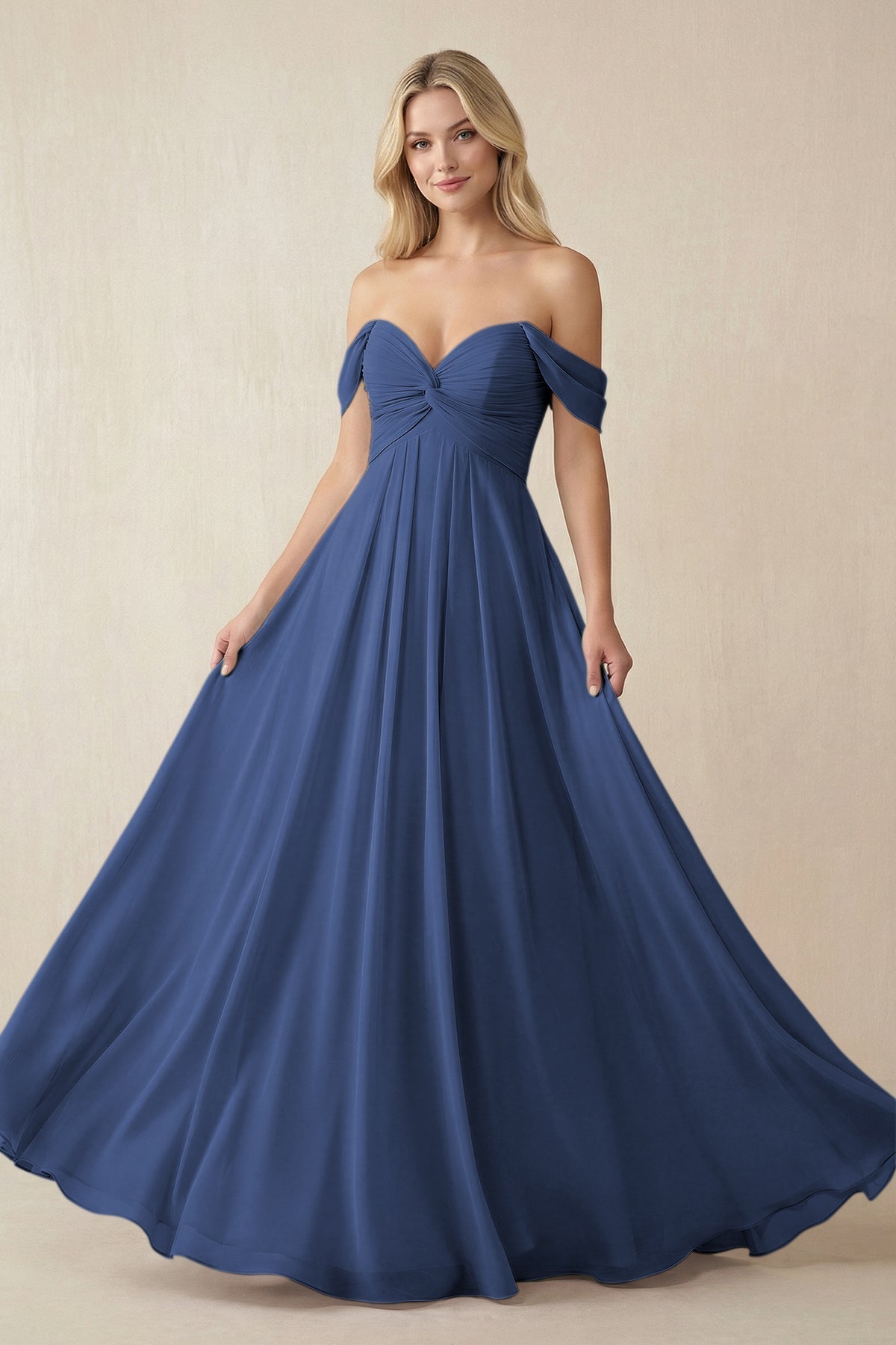 KissProm Off-the-Shoulder Chiffon A-Line Long Bridesmaid Dress in Navy, Navy / 8