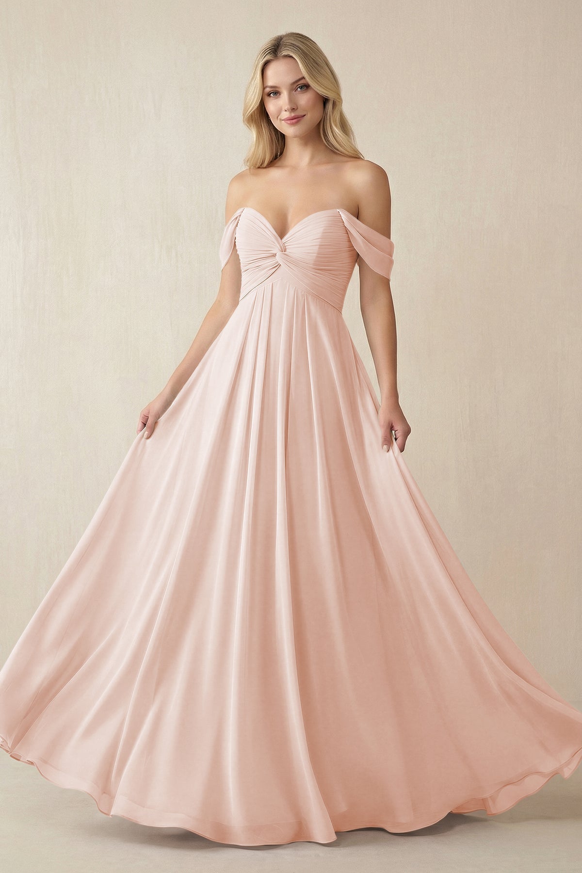 pale pink off the shoulder dress Off-the-Shoulder Chiffon A-Line Long Bridesmaid Dress in Pale Blush, Pale Blush / 28