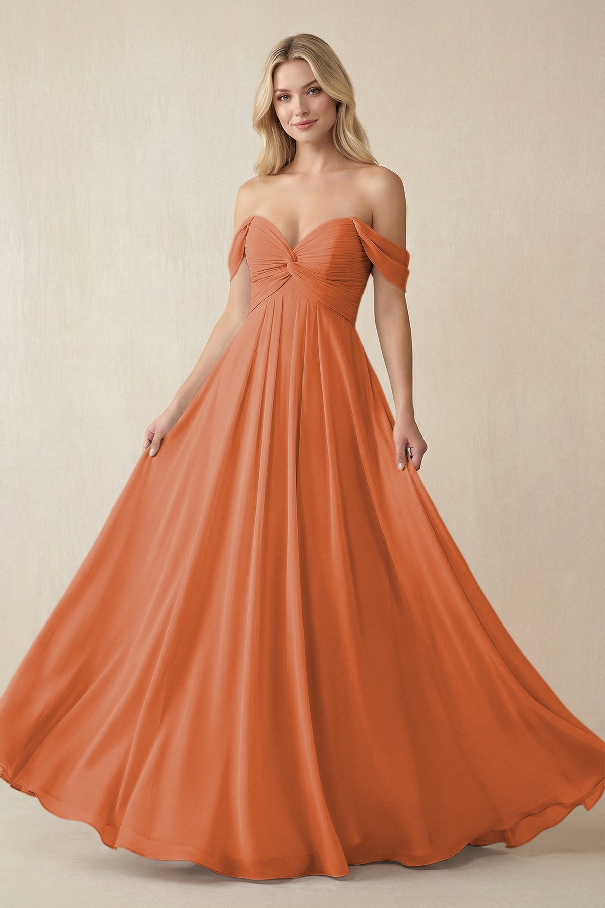 Off-the-Shoulder Chiffon A-Line Long Bridesmaid Dress in Terracotta, Terracotta / 24 Off-the-Shoulder Chiffon A-Line Long Bridesmaid Dress in Terracotta, Terracotta / 24