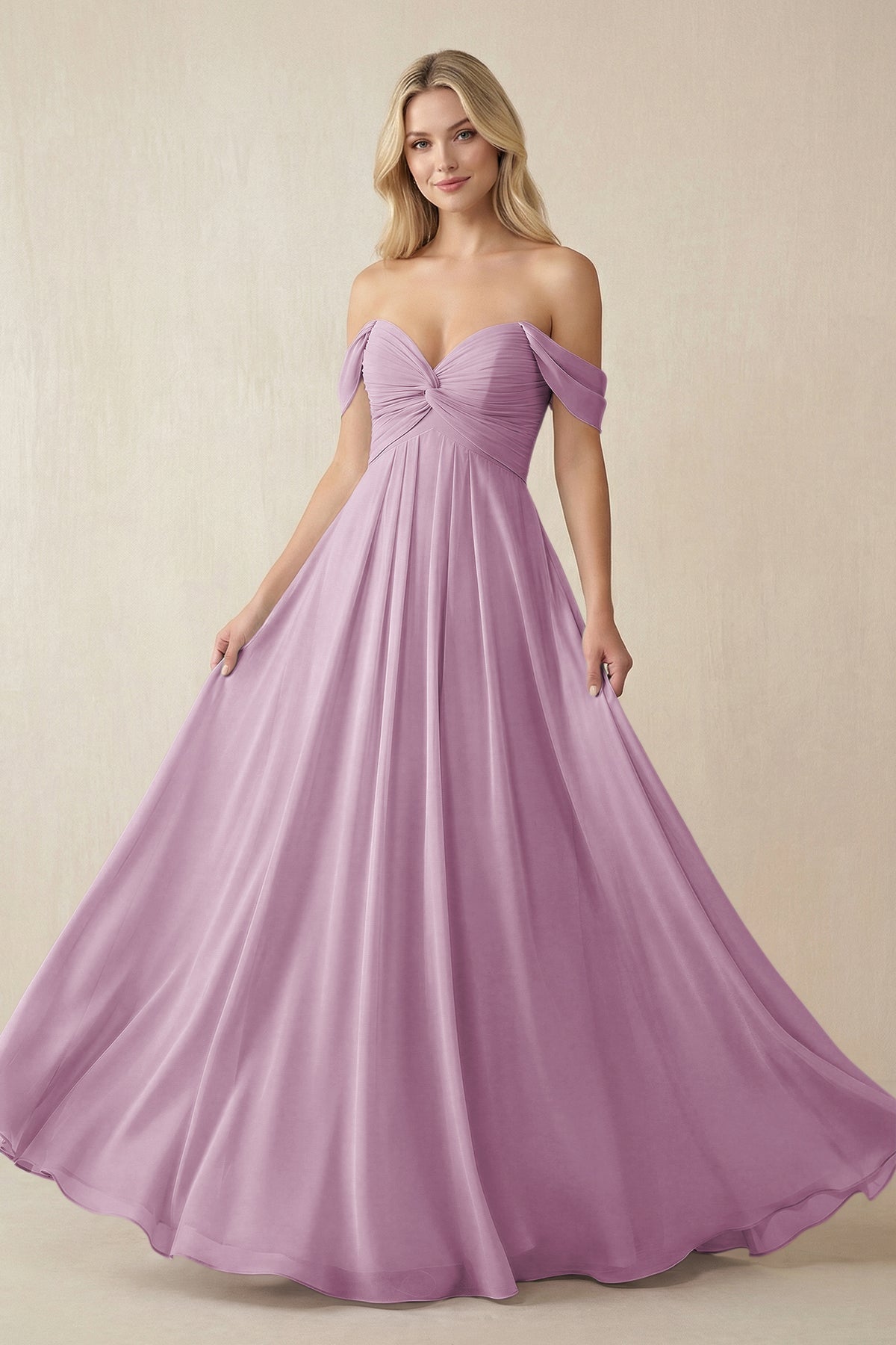 KissProm Off-the-Shoulder Chiffon A-Line Long Bridesmaid Dress in Wisteria, Wisteria / 22