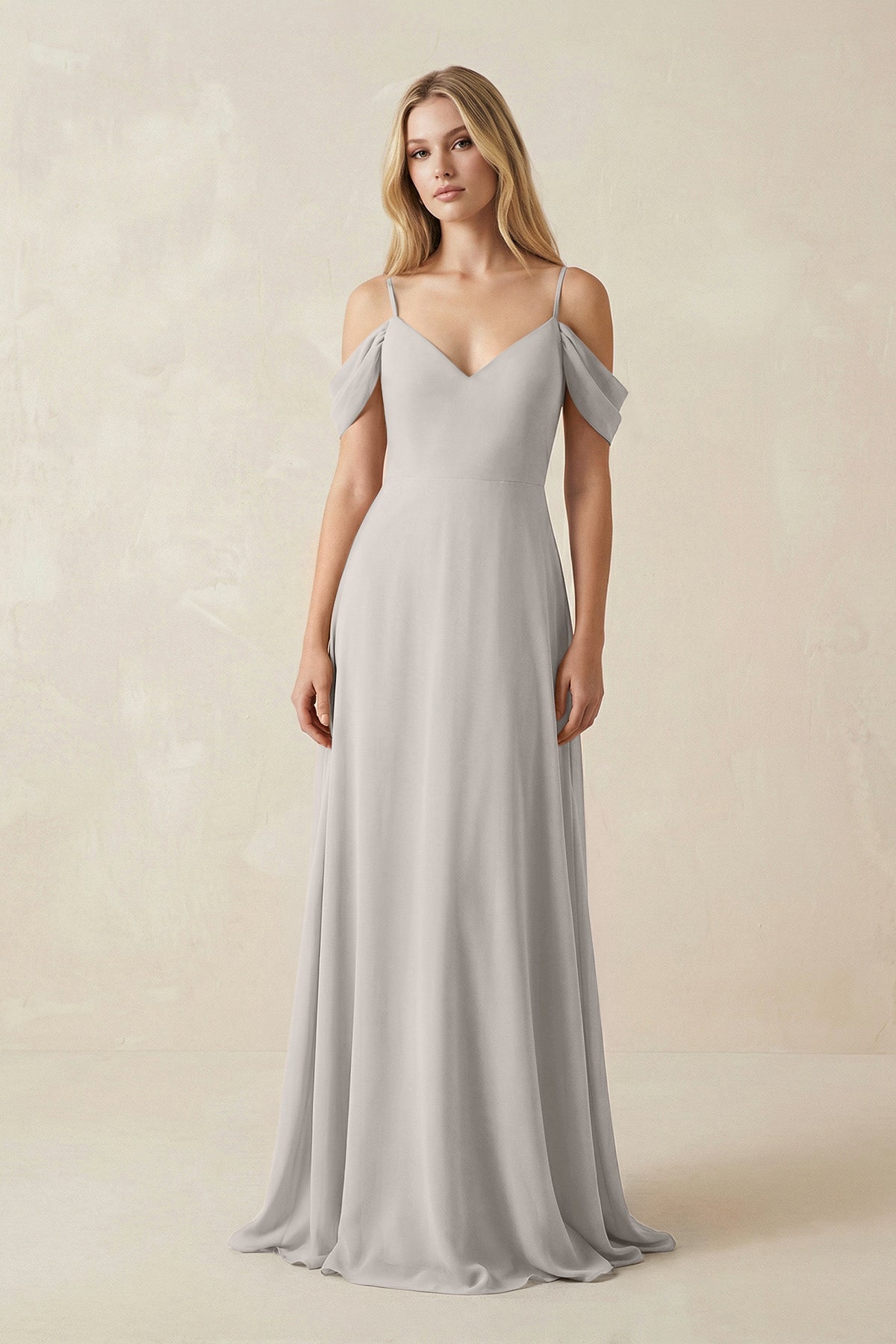 Off-the-Shoulder Chiffon A-Line Maxi Bridesmaid Dress in Silver, Silver / 20
