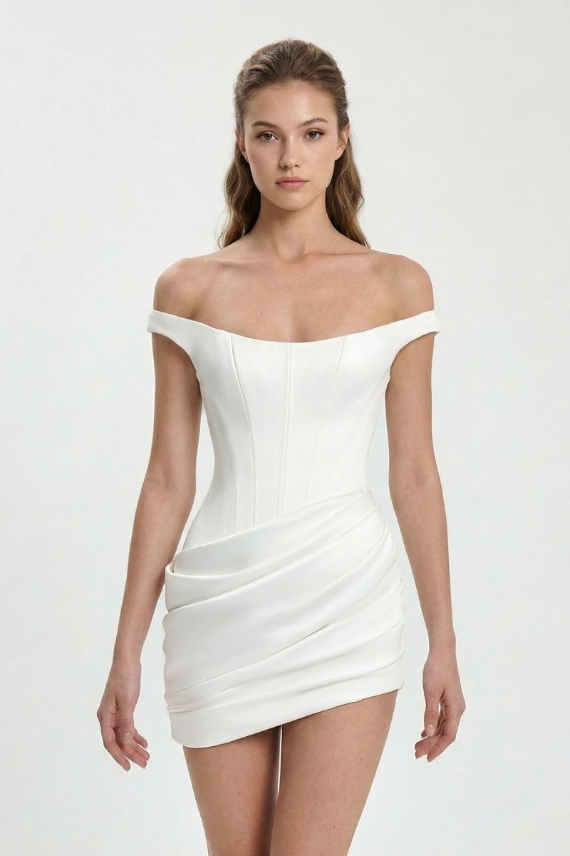 bodycon graduation dress Wedtrend Women Modest White Short Graduation Dress Off Shoulder Meringue  Ruffle Bodycon Homecoming Dress – WEDTREND main image 1