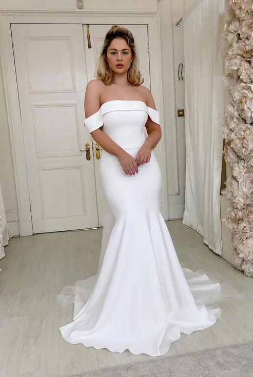 Off the Shoulder Ivory Satin Mermaid Wedding Dress