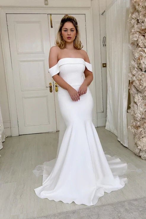 Off the Shoulder Ivory Satin Mermaid Wedding Dress