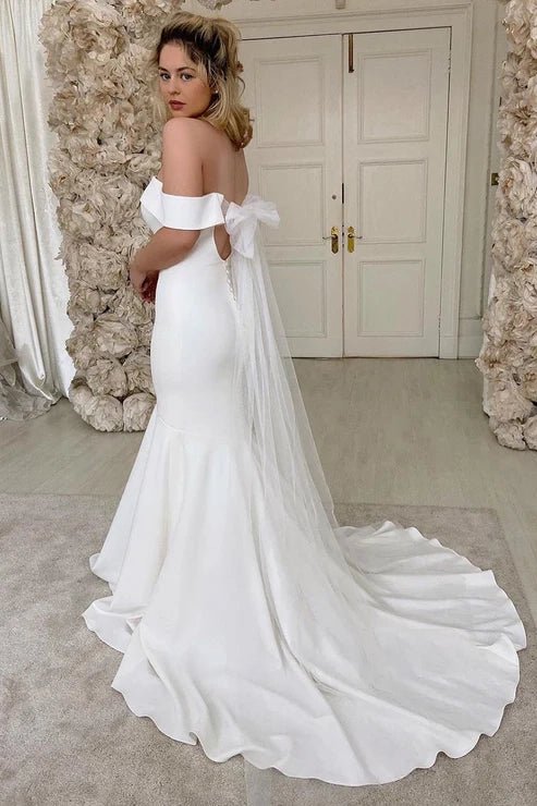 Off the Shoulder Ivory Satin Mermaid Wedding Dress