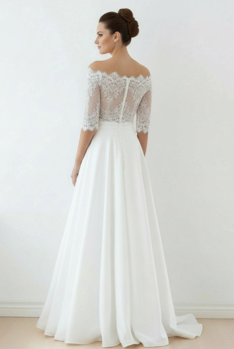 Off - The - Shoulder Lace A - Line Satin Two - Piece Wedding Dress With Sweep Train - KissProm