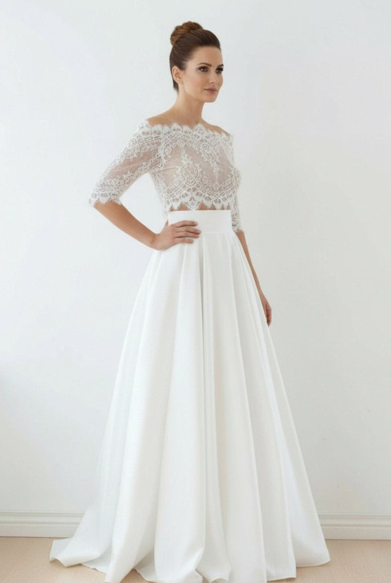 Off - The - Shoulder Lace A - Line Satin Two - Piece Wedding Dress With Sweep Train - KissProm