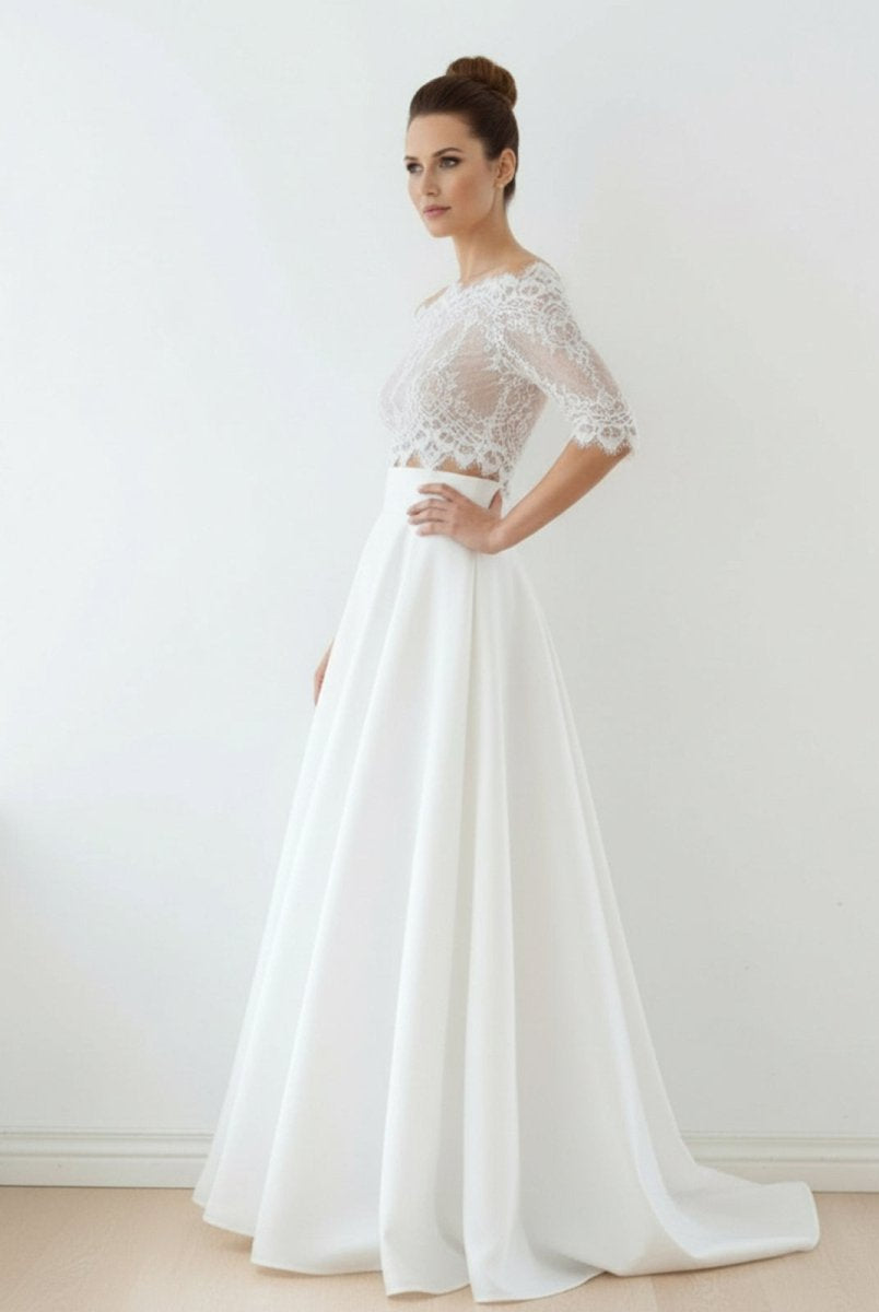 Off - The - Shoulder Lace A - Line Satin Two - Piece Wedding Dress With Sweep Train - KissProm