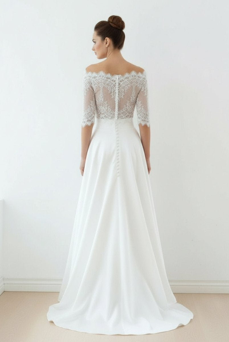 Off - The - Shoulder Lace A - Line Satin Two - Piece Wedding Dress With Sweep Train - KissProm