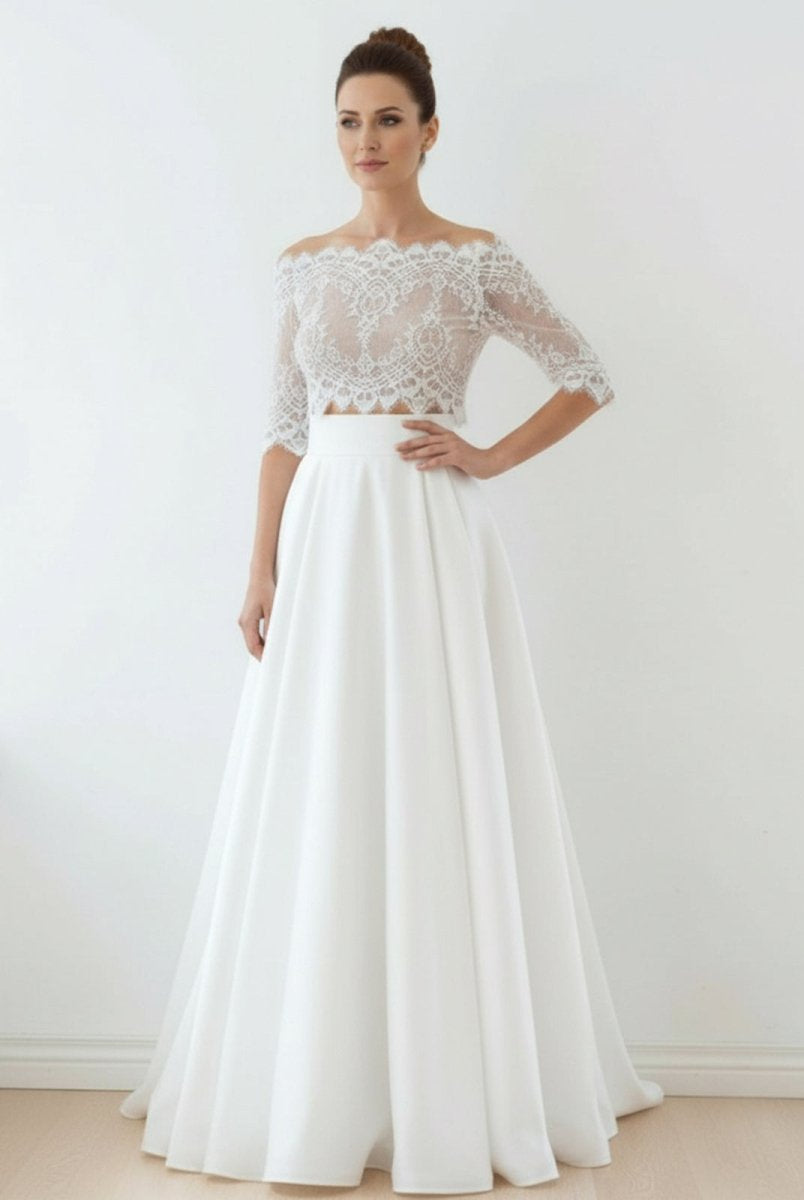 Off - The - Shoulder Lace A - Line Satin Two - Piece Wedding Dress With Sweep Train - KissProm