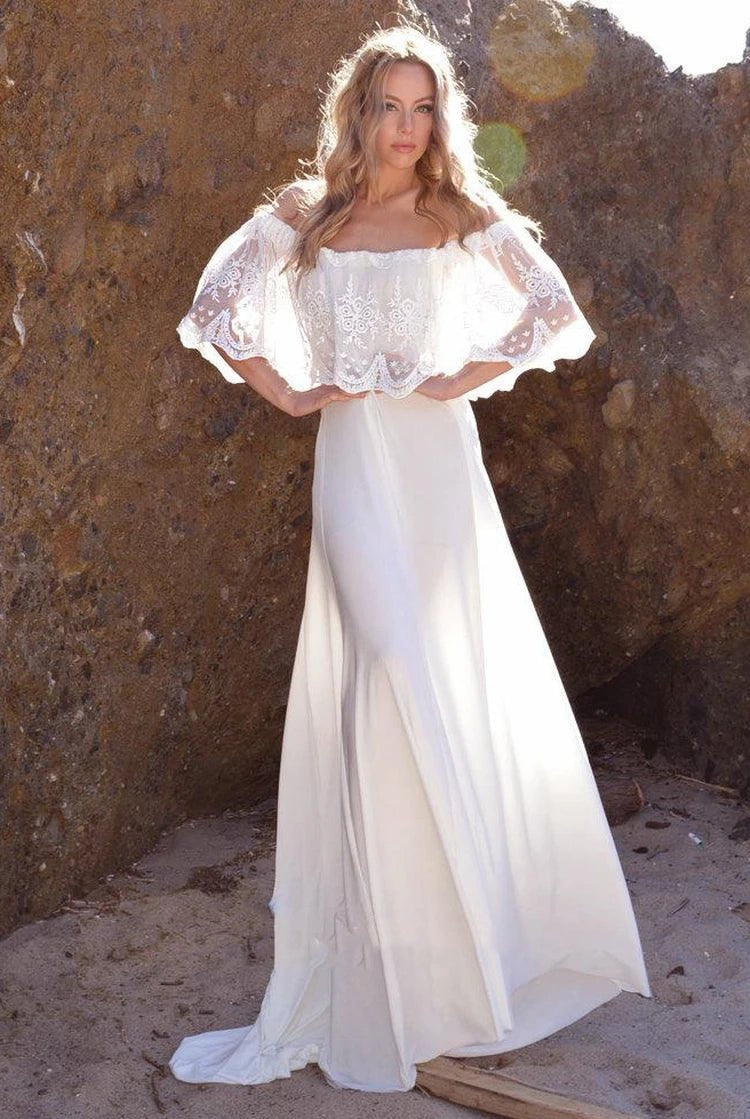 Off-The-Shoulder Lace Jersey Dress With Embroideries Ruffles