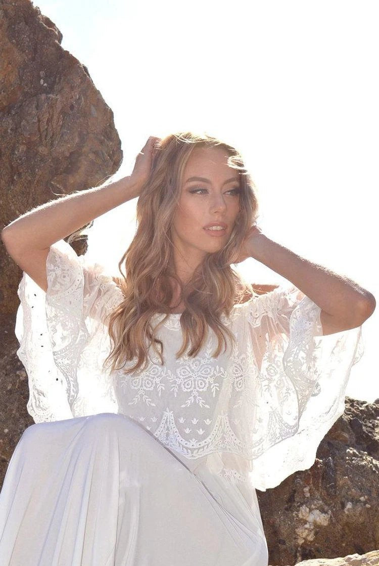 Off-The-Shoulder Lace Jersey Dress With Embroideries Ruffles