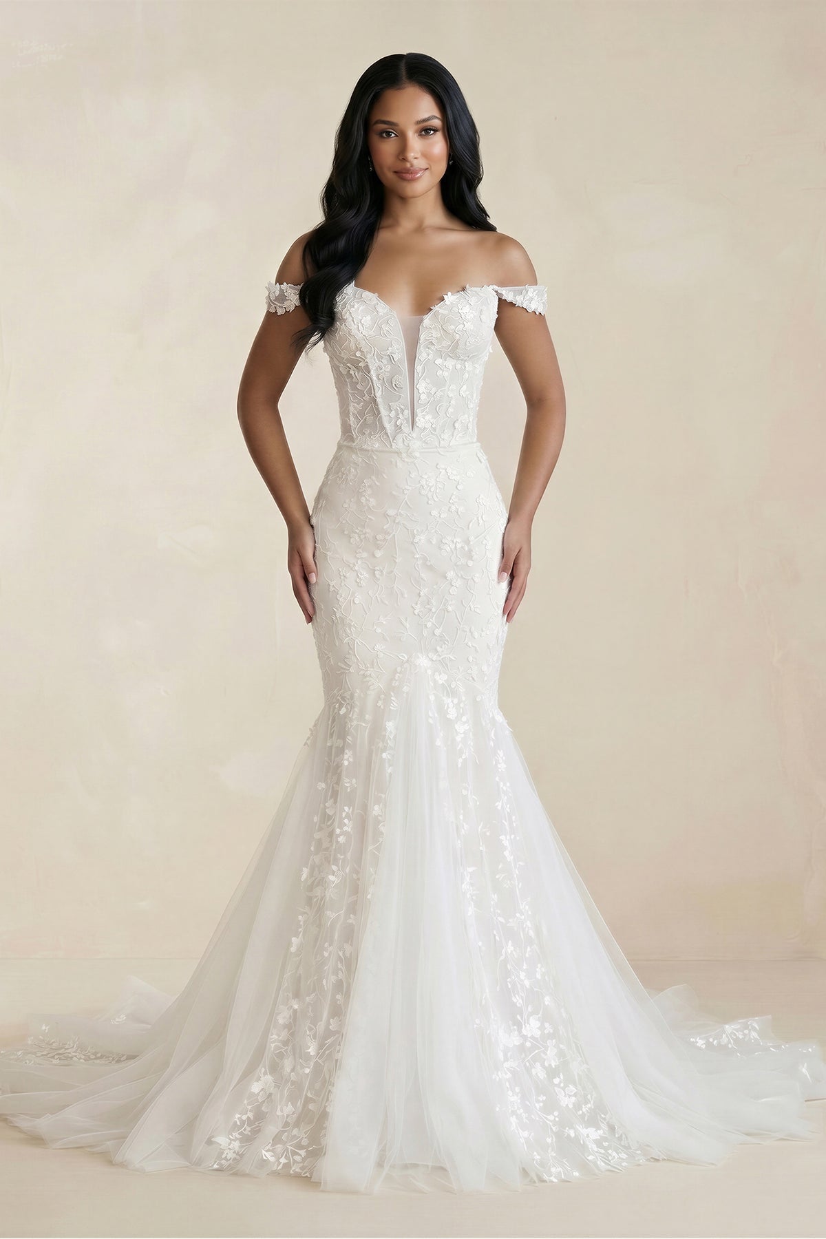 Amoura | Mermaid White Lace Sweep Train Long Wedding Dress with Appliques, White-Nude / 12 Amoura | Mermaid White Lace Sweep Train Long Wedding Dress with Appliques, White-Nude / 12