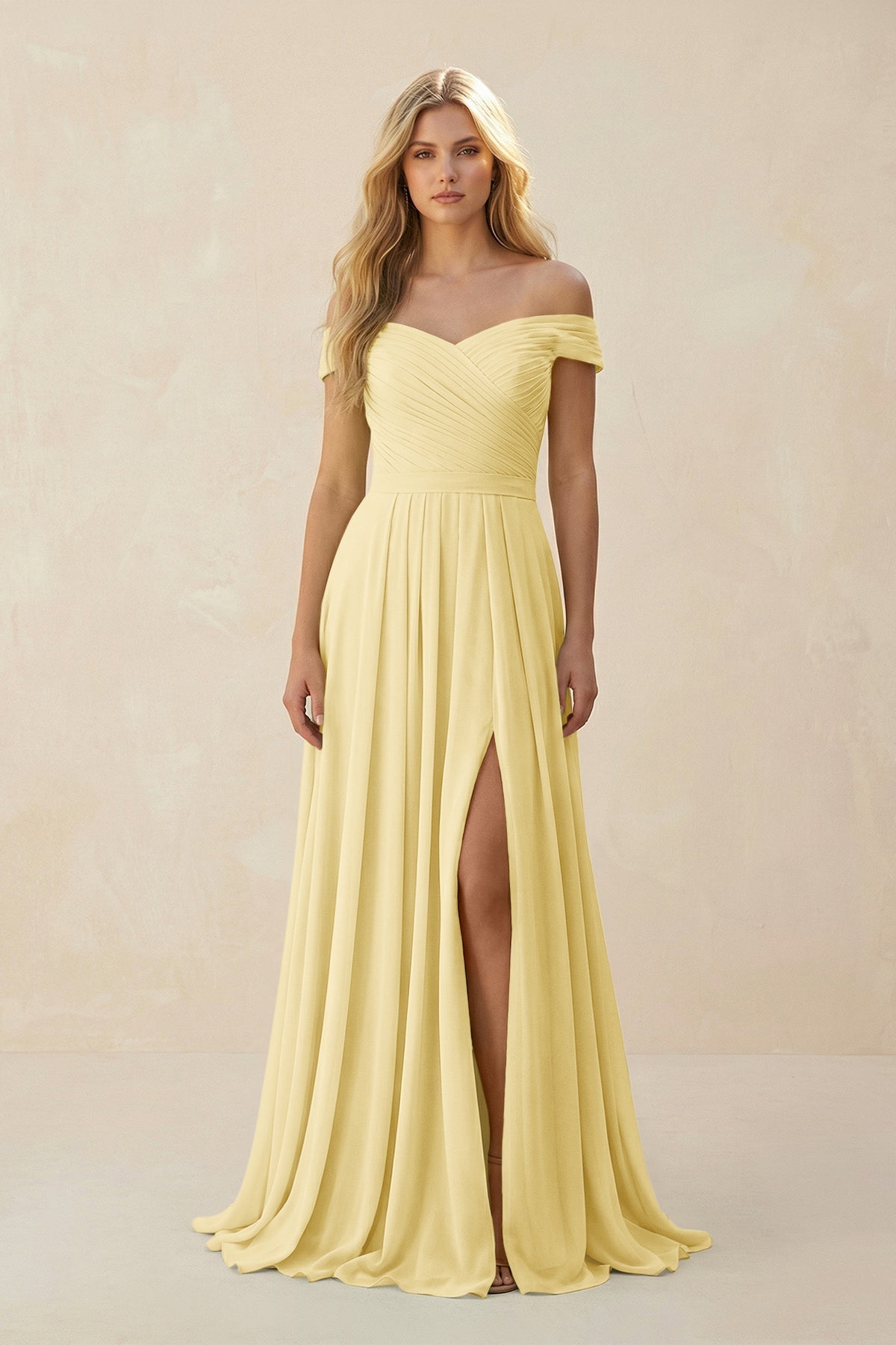 KissProm Off-the-Shoulder Pleated A-Line Chiffon Bridesmaid Dress in Pastel Yellow, Pastel Yellow / 18