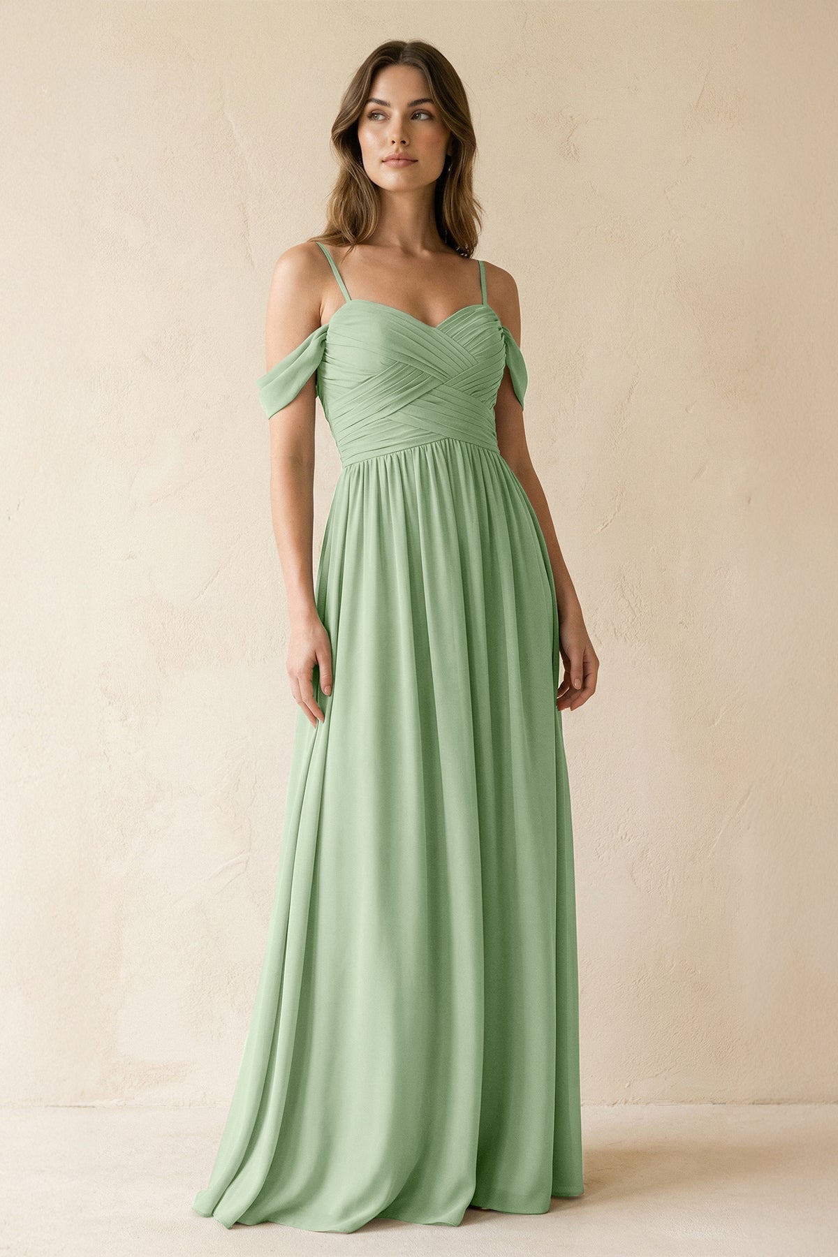 KissProm A-Line Off-the-Shoulder Pleated Chiffon Bridesmaid Dress in Sage, Sage Green / Custom Size( Free )