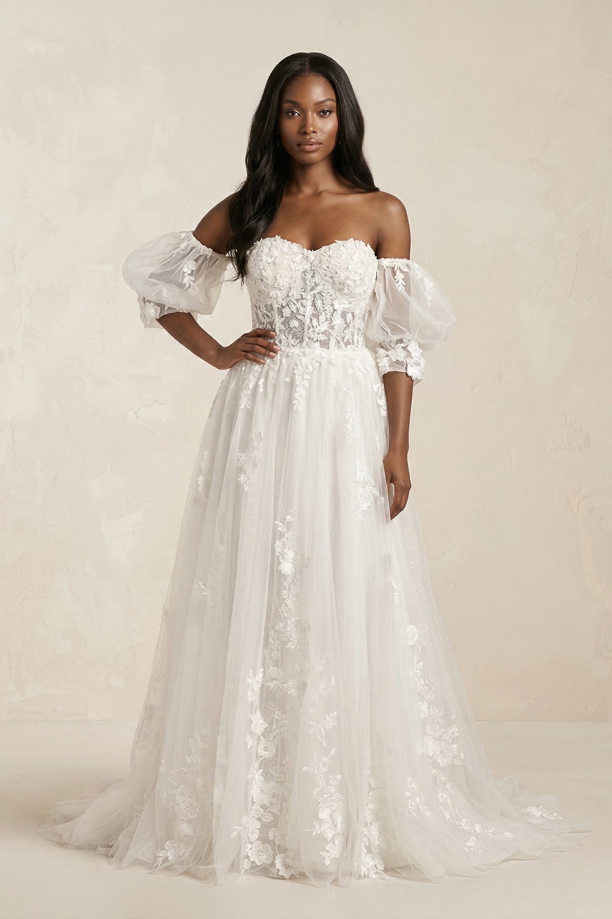KissProm Off-the-Shoulder Puff Sleeves Appliqued Wedding Dress in White, White / 30
