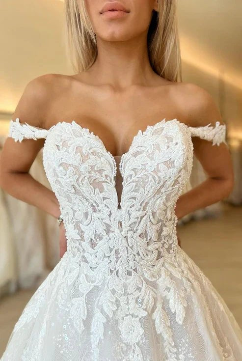 Off the Shoulder Romantic Lace Wedding Dress Bridal Gown