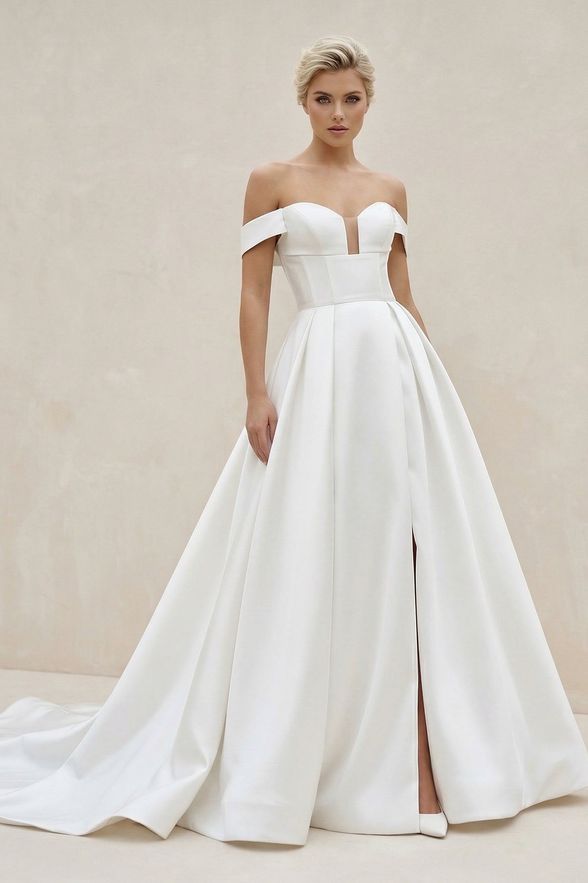 A-Line V Neck Satin Wedding Dresses with Detachable Straps, Diamond White / 22 A-Line V Neck Satin Wedding Dresses with Detachable Straps, Diamond White / 22