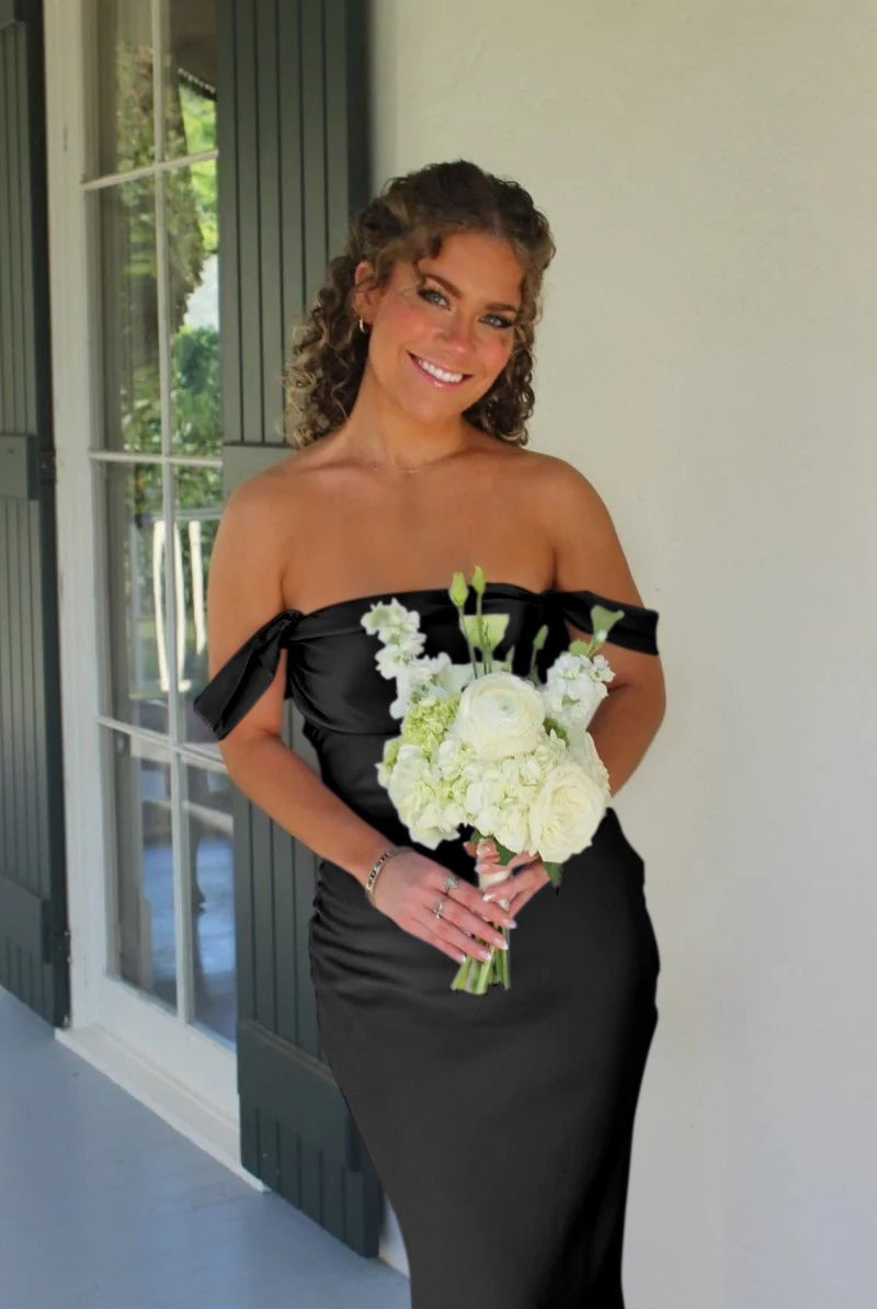 Marquina | Off the Shoulder Coral Mermaid Satin Long Party Dress