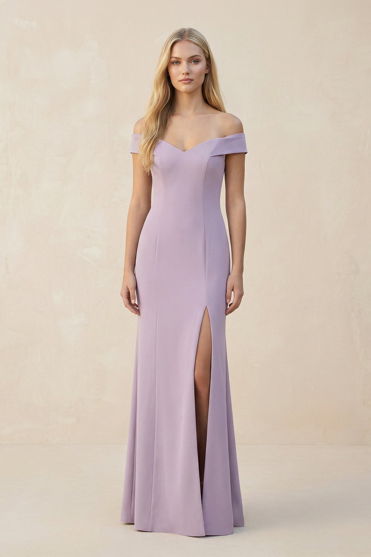 Off-the-Shoulder Sheath Matte Satin Bridesmaid Dress in Lavender Grey, Lavender Grey / 6