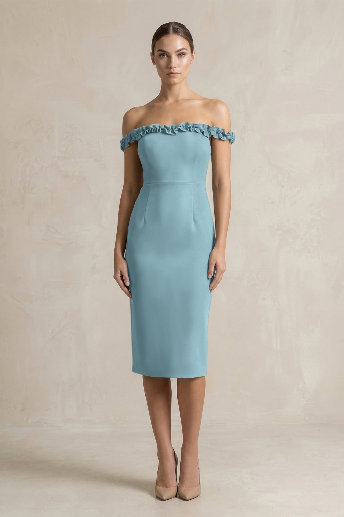 KissProm | Off-the-Shoulder Sheath Ruffled Midi Satin Bridesmaid Dress in Dusty Blue KissProm | Off-the-Shoulder Sheath Ruffled Midi Satin Bridesmaid Dress in Dusty Blue