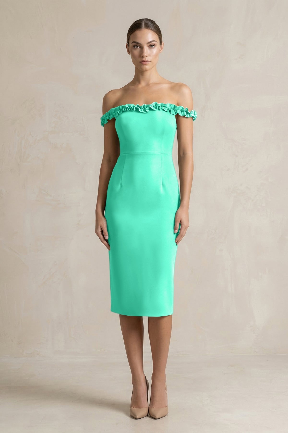 Off-the-Shoulder Sheath Ruffled Midi Bridesmaid Dress in Turquoise