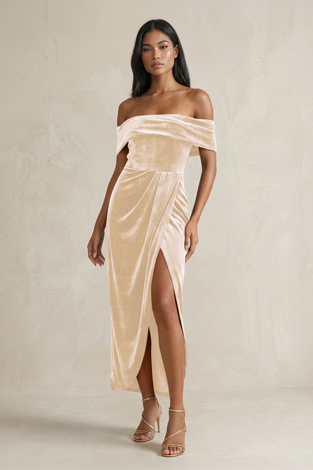 Off-the-Shoulder Sheath Velvet Midi Bridesmaid Dress in Champagne