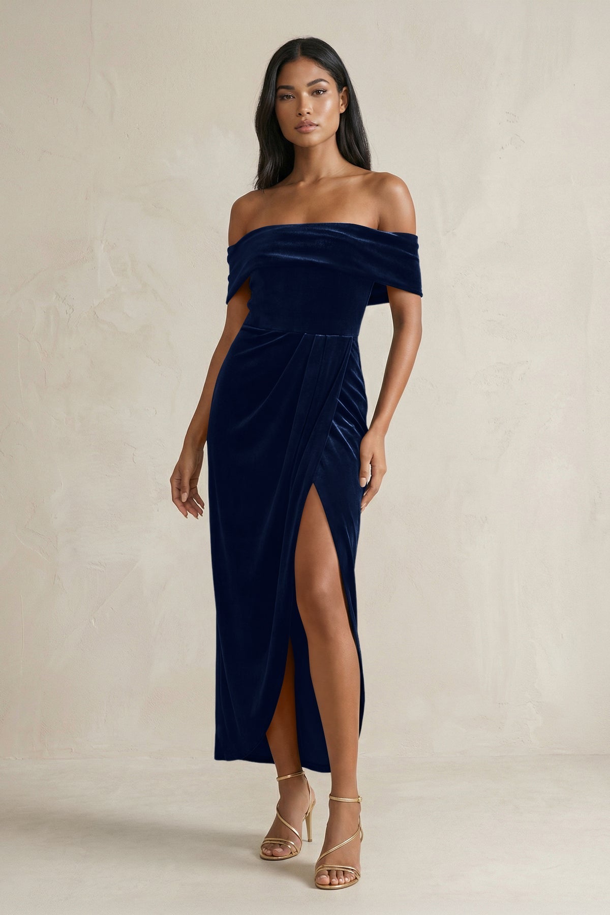 navy off the shoulder bridesmaid dress Dark Navy Tulle Half Sleeves Off-the-shoulder Bridesmaid Dresses, MBD285