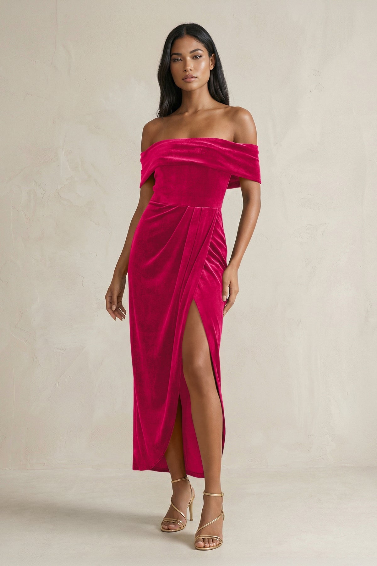 midi fuchsia cocktail dress Off-the-Shoulder Sheath Velvet Midi Bridesmaid Dress in Fuchsia