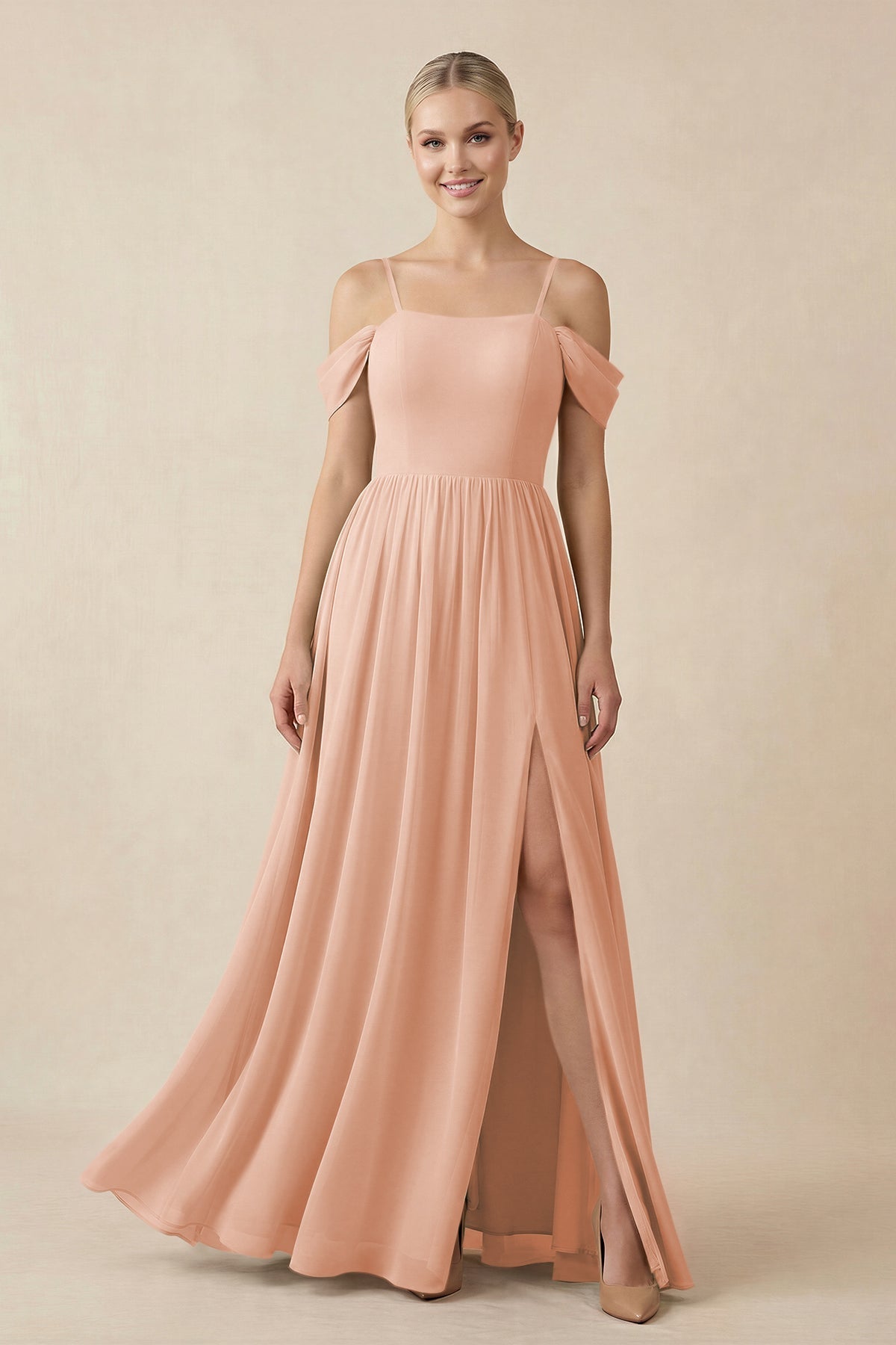 KissProm Off-the-Shoulder Sweetheart A-Line Chiffon Bridesmaid Dress in English Rose, English Rose / 20