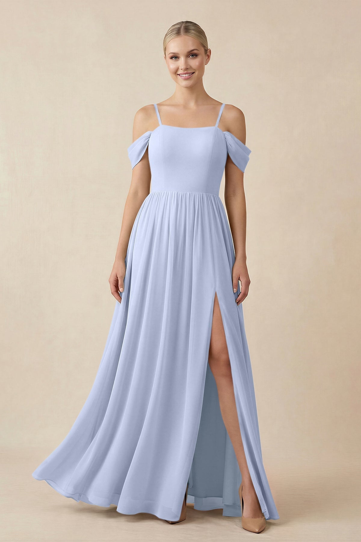 KissProm Off-the-Shoulder Sweetheart A-Line Chiffon Bridesmaid Dress in Ice, Ice / 28