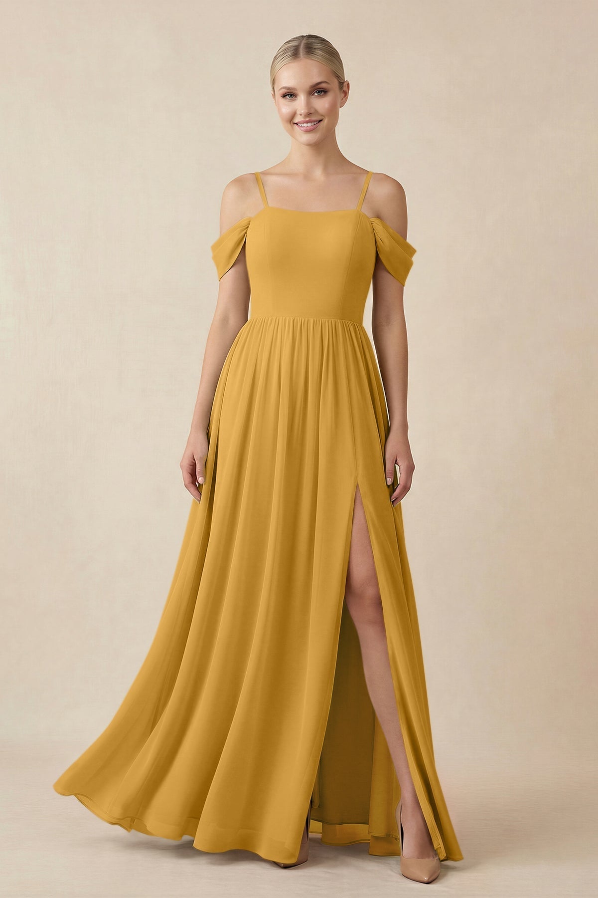 KissProm Off-the-Shoulder Sweetheart A-Line Chiffon Bridesmaid Dress in Marigold, Marigold / 4