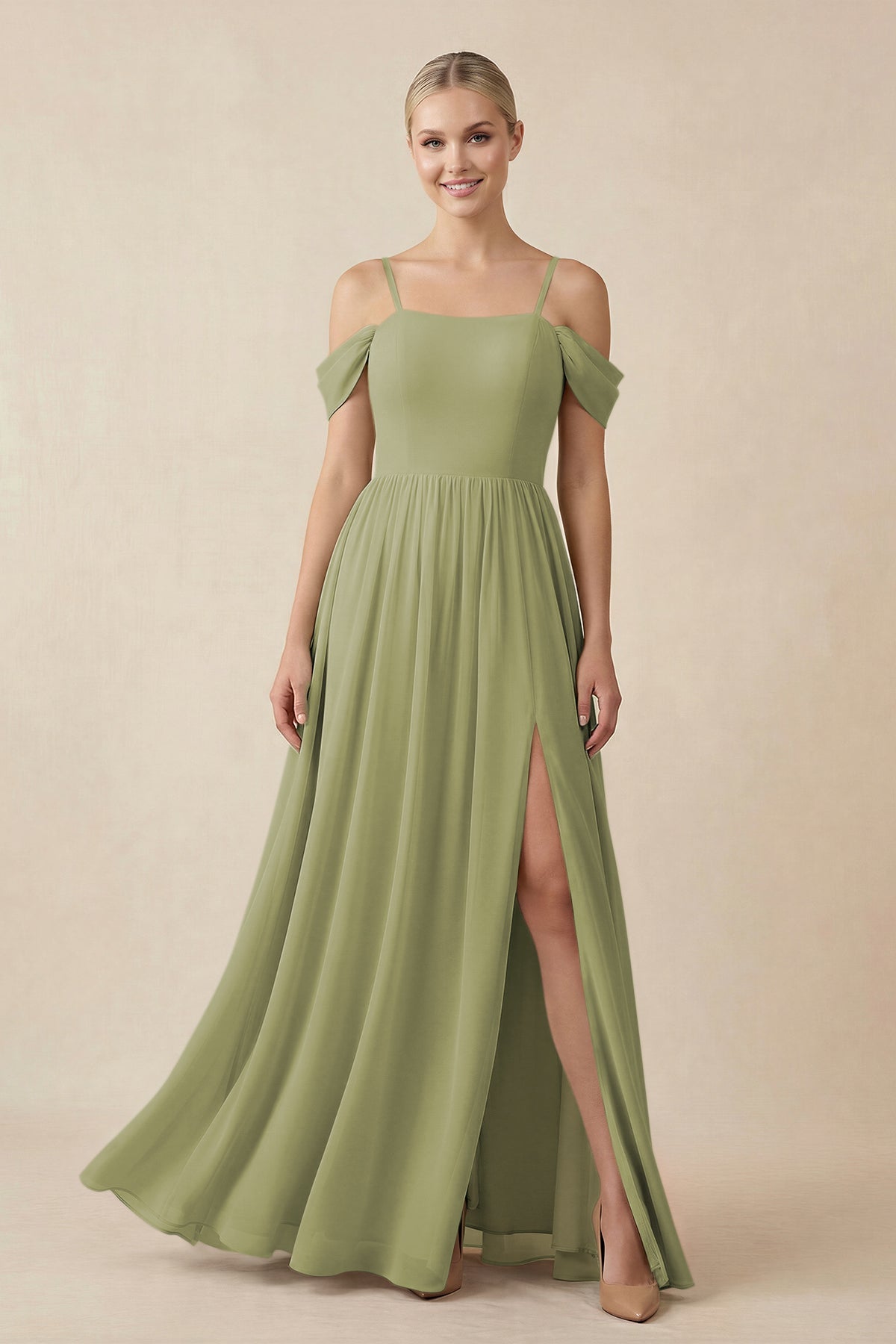 KissProm Off-the-Shoulder Sweetheart A-Line Chiffon Bridesmaid Dress in Moss Green, Moss Green / 2