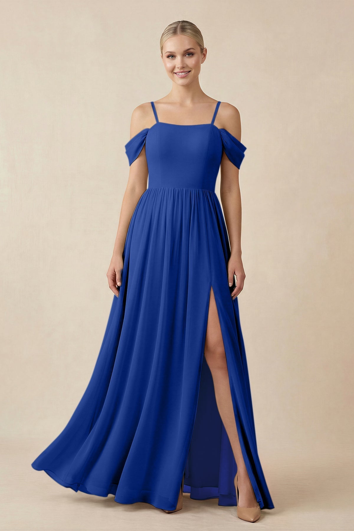 KissProm Off-the-Shoulder Sweetheart A-Line Chiffon Bridesmaid Dress in Royal Blue, Royal Blue / 30
