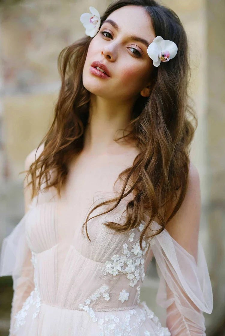 Illusion Off-the-Shoulder Tulle Sweep Train Flower Appliqued Wedding Dresses