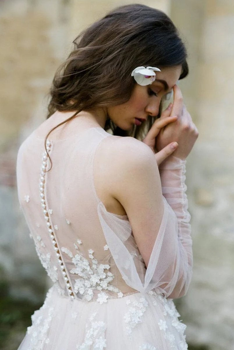 Off-The-Shoulder Tulle Illusion Sleeve Wedding Dress With Appliques