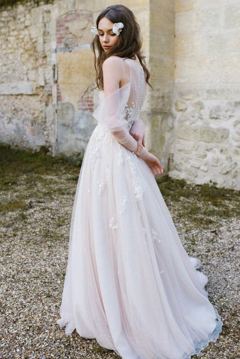 Off-The-Shoulder Tulle Illusion Sleeve Wedding Dress With Appliques
