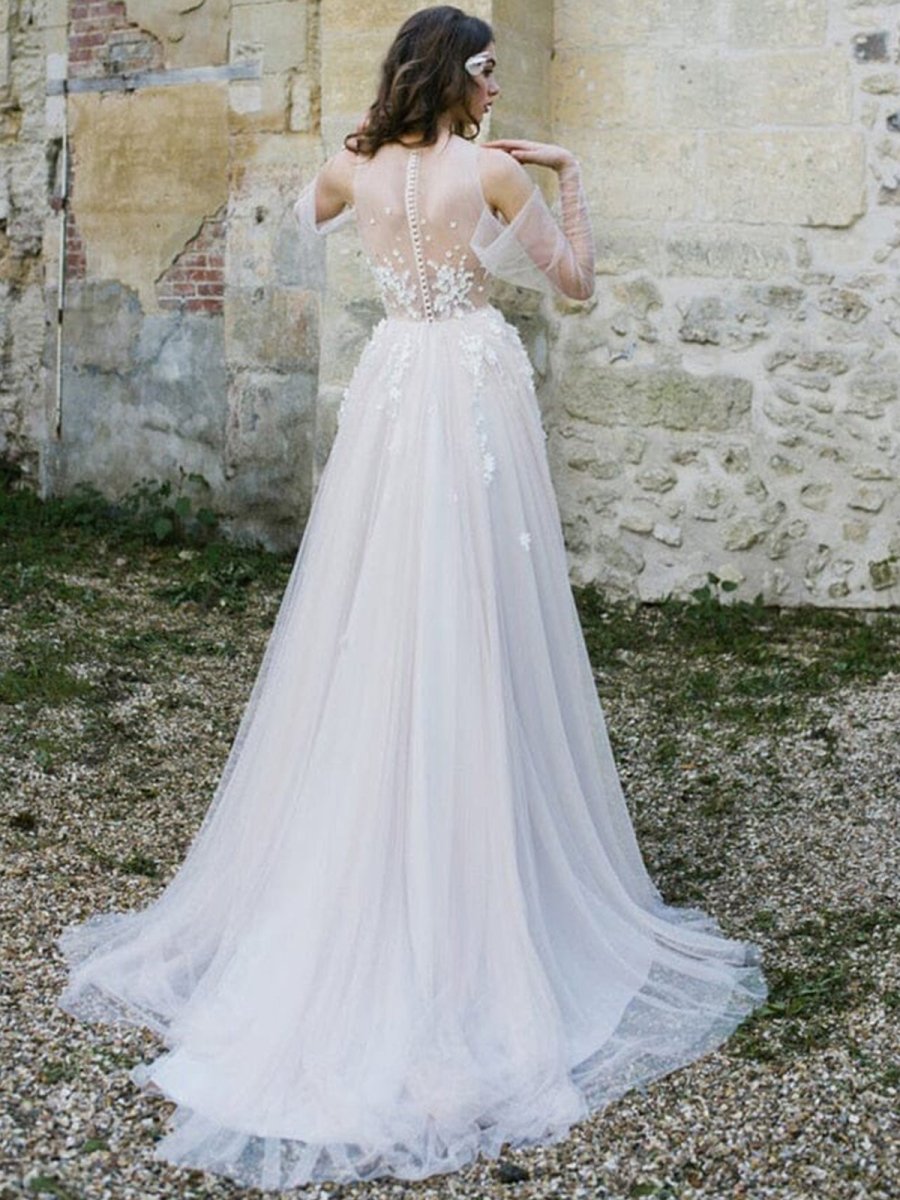 Off-The-Shoulder Tulle Illusion Sleeve Wedding Dress With Appliques