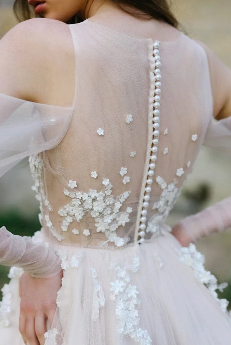 Off-The-Shoulder Tulle Illusion Sleeve Wedding Dress With Appliques