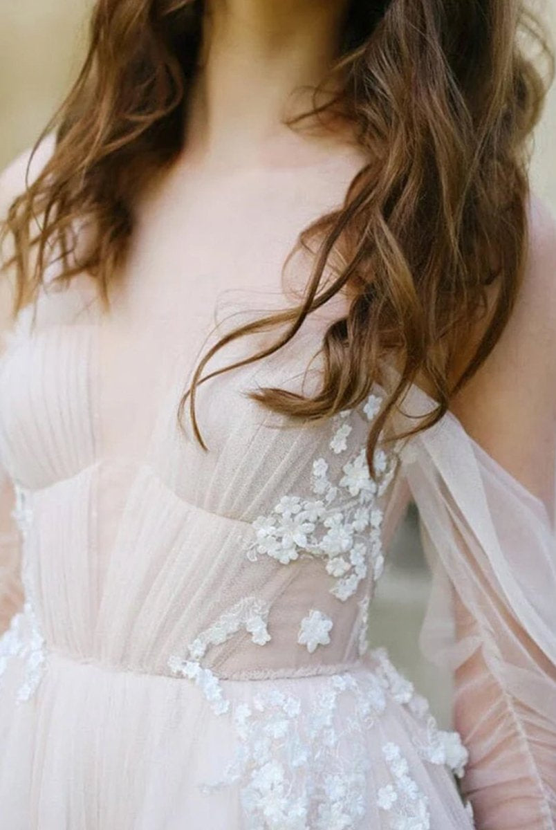 Off-The-Shoulder Tulle Illusion Sleeve Wedding Dress With Appliques