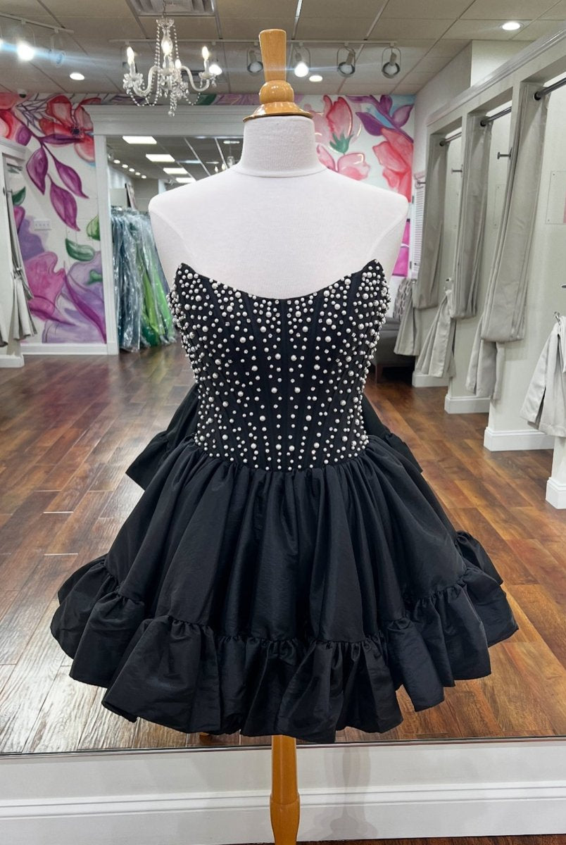 Olira | Black - Strapless A Line Satin Ruffles Homecoming Dresses With Pearls