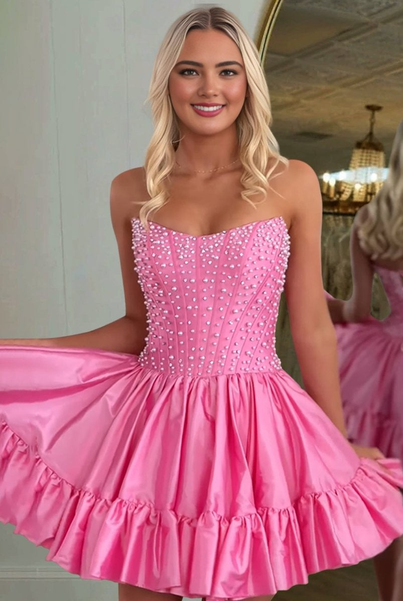 Olira | Pink - Strapless A Line Satin Ruffles Homecoming Dresses With Pearls