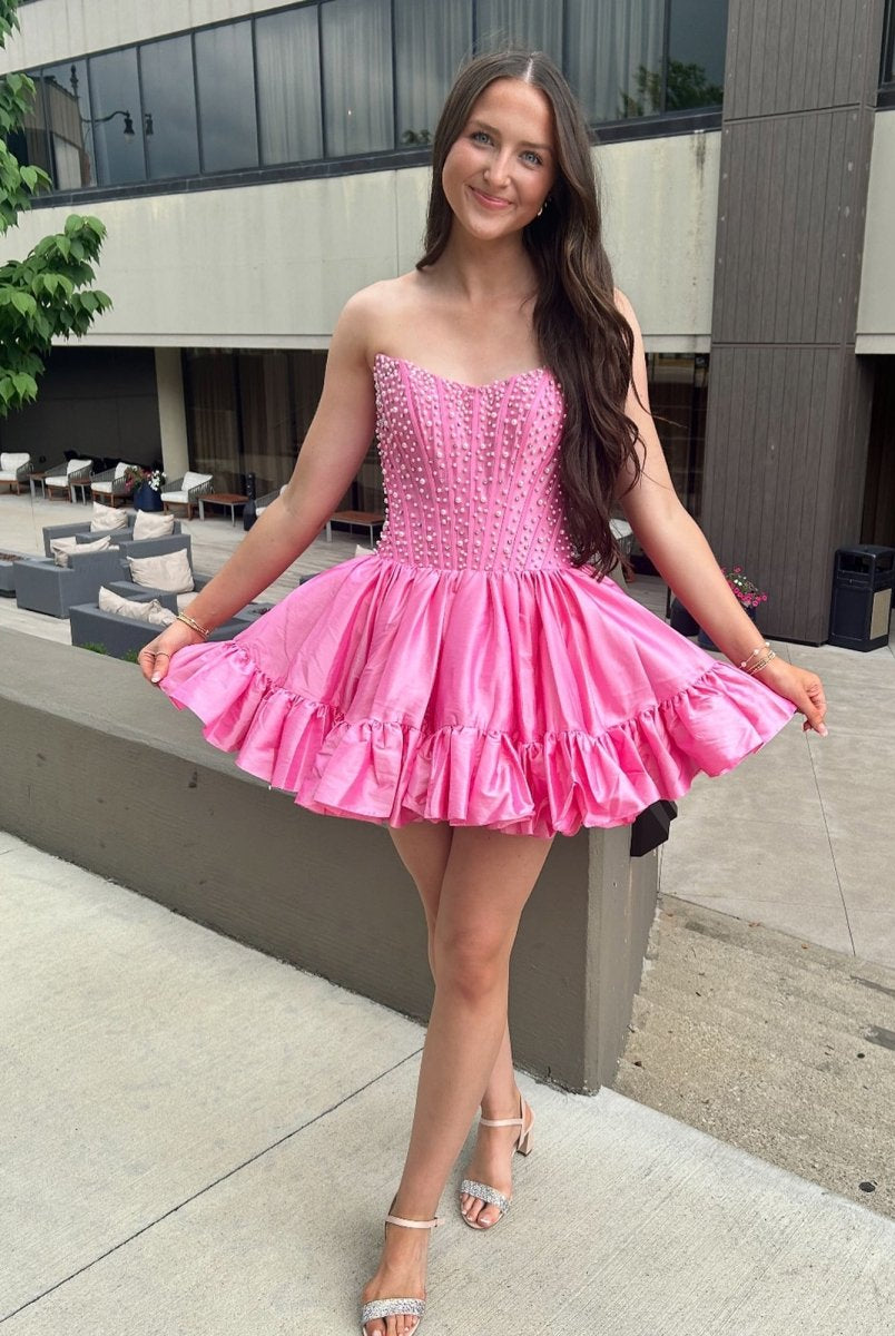 Olira | Pink - Strapless A Line Satin Ruffles Homecoming Dresses With Pearls